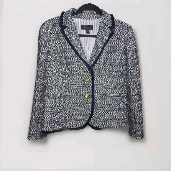 J. Crew Lady‎ Jacket Blazer Coat in Blue Tweed with Fringe Size 8 Career Preppy - Picture 1 of 13